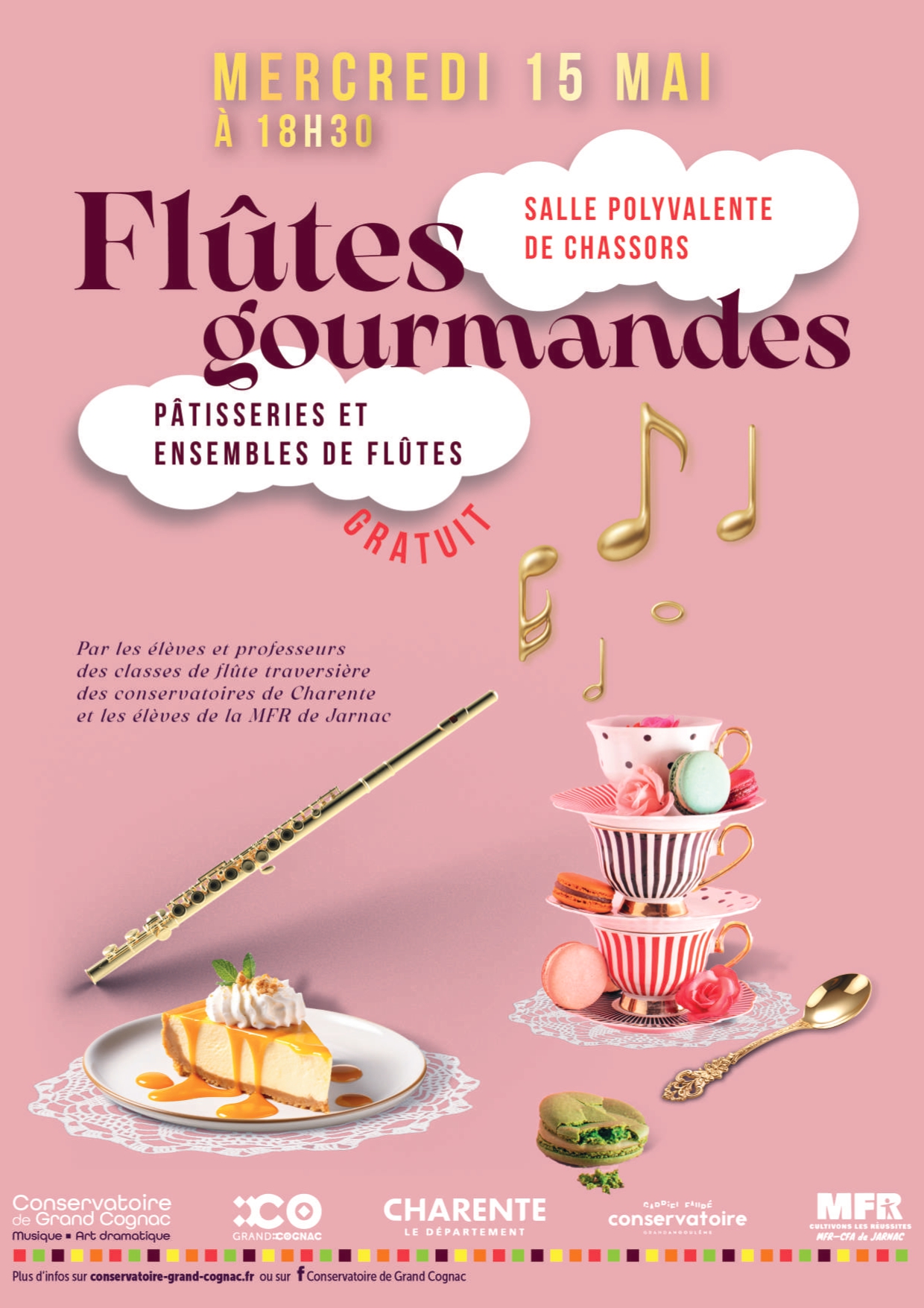 Affiche du concert « Flûtes Gourmandes » organisé par les classes de flûte traversière des conservatoires de Charente et la MFR de Jarnac, le 15 mai 2024 à la salle polyvalente de Chassors.