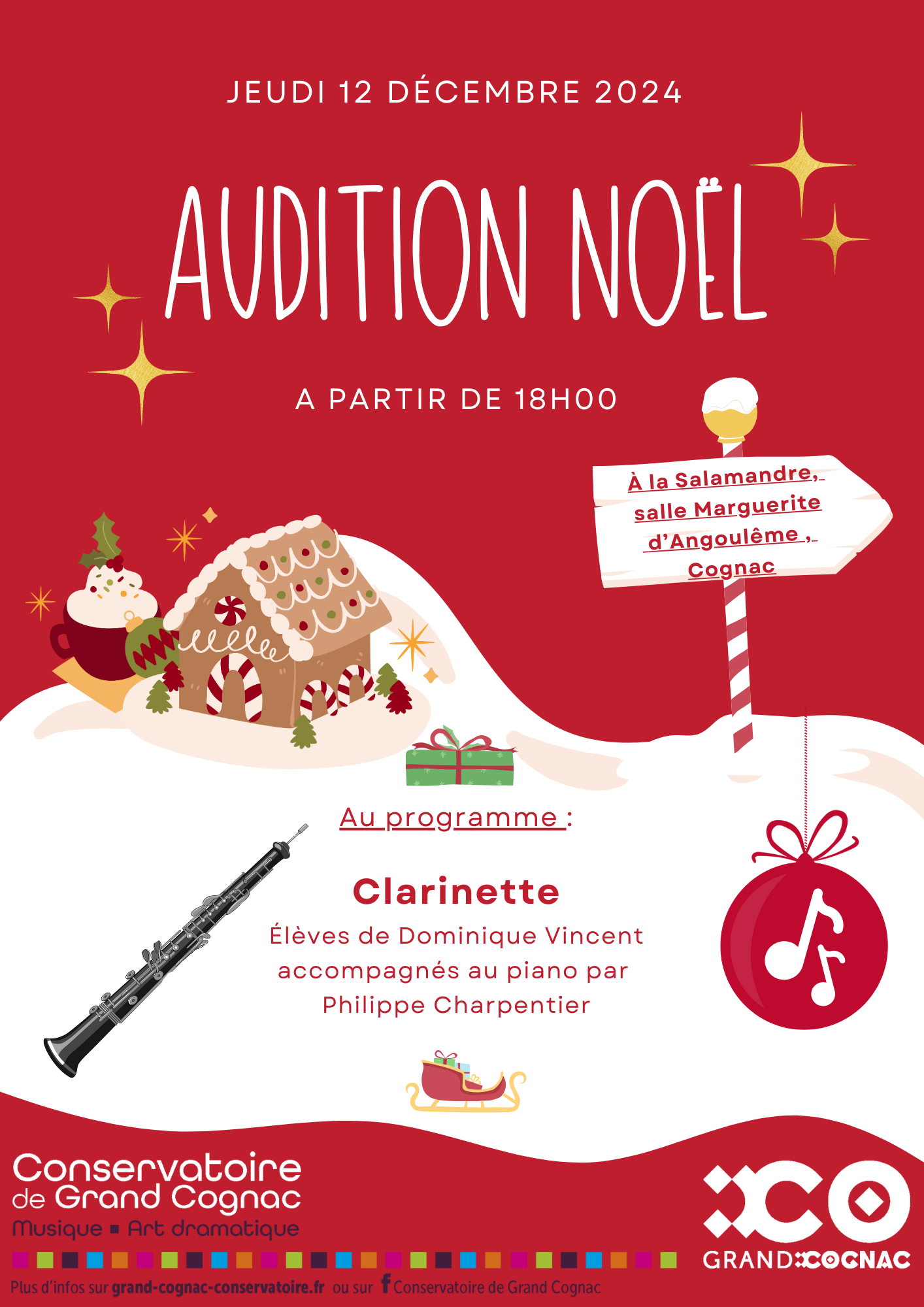 Affiche de l'audition de Noël de clarinette du Conservatoire de Grand Cognac, le 12 décembre 2024 à 18h00 à la Salamandre, salle Marguerite d'Angoulême à Cognac.