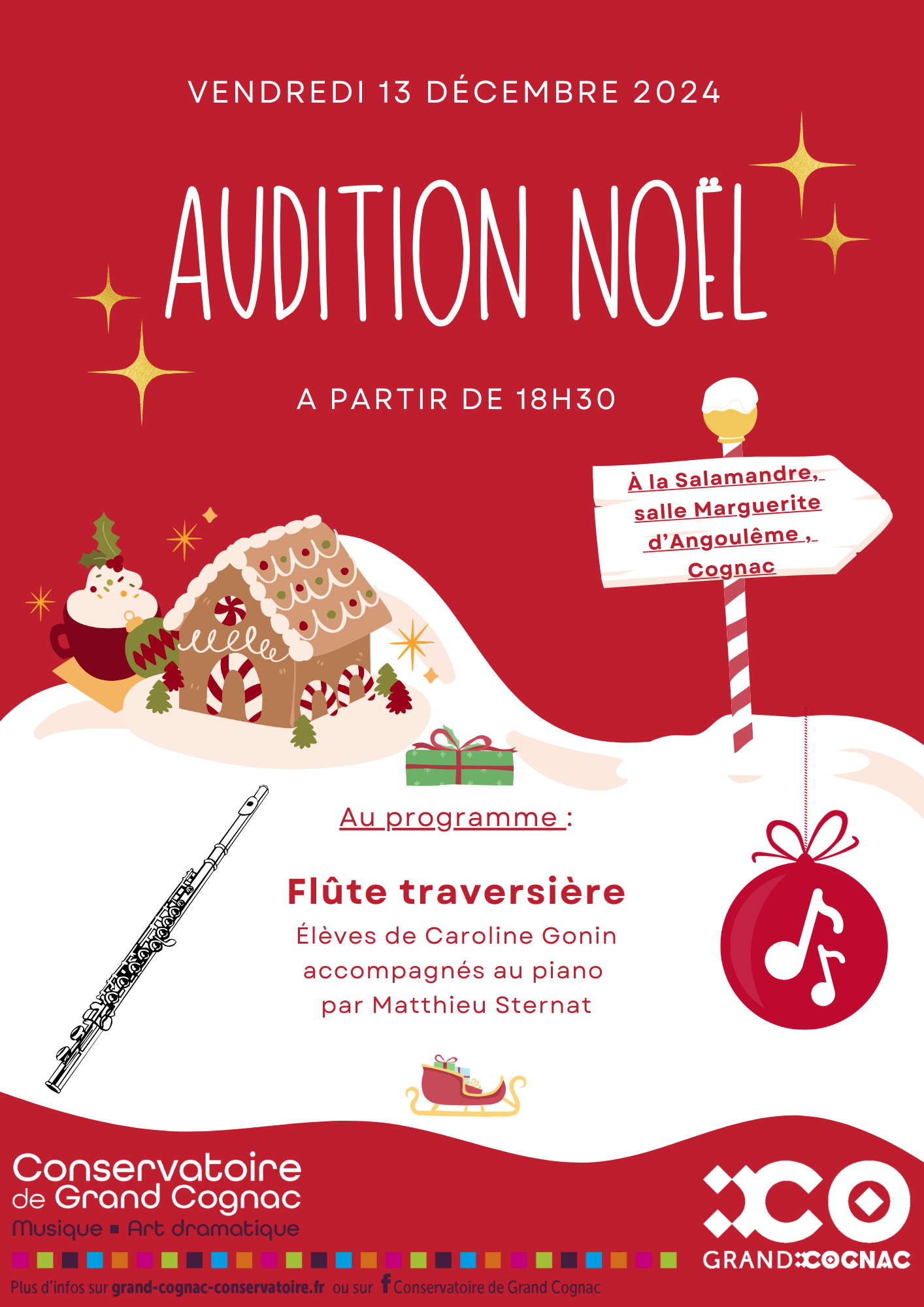 Affiche de l'audition de Noël de flûte traversière du Conservatoire de Grand Cognac, le 13 décembre 2024 à 18h30 à la Salamandre, salle Marguerite d'Angoulême à Cognac.