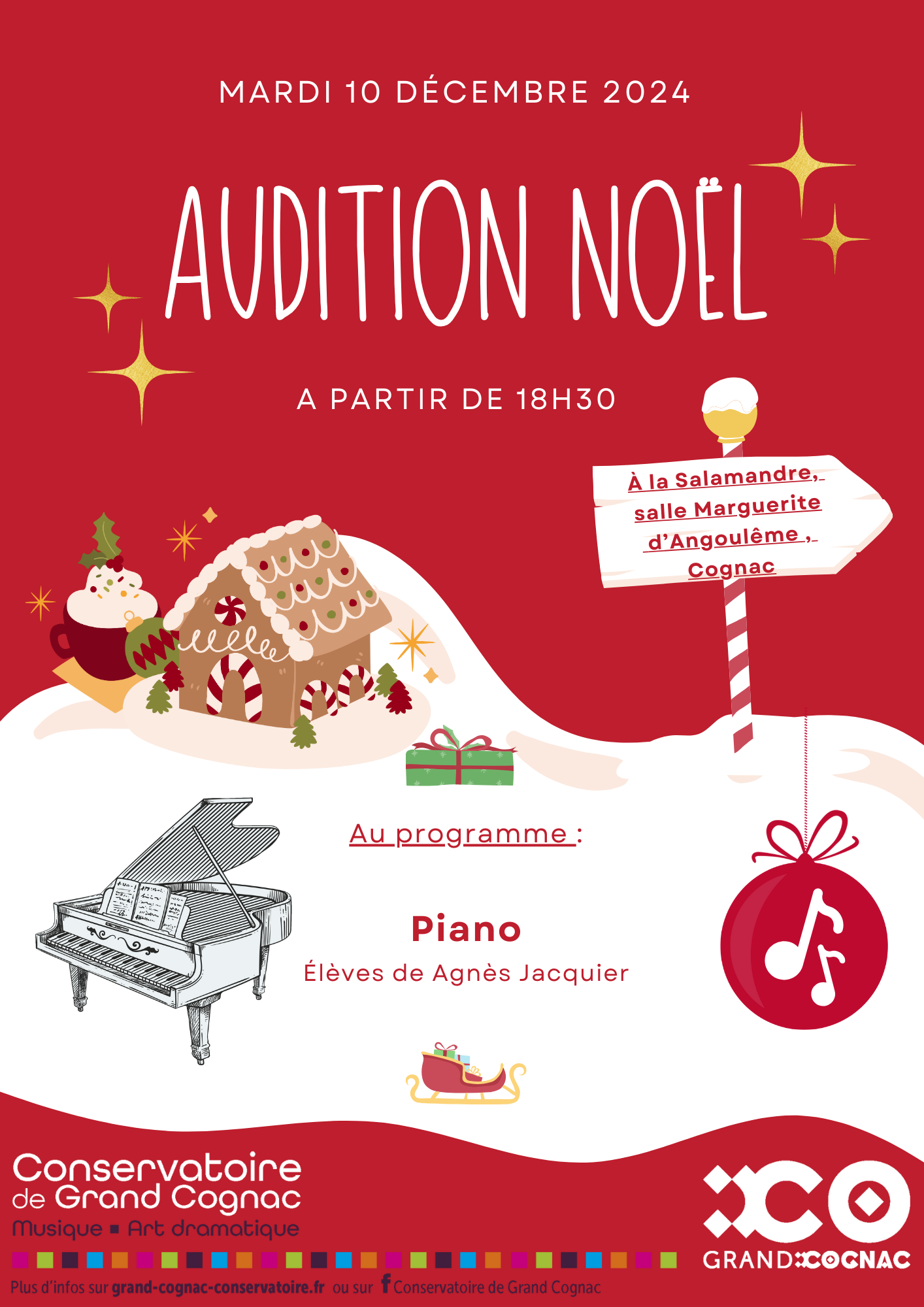 Affiche de l'audition de Noël de la classe de piano du Conservatoire de Grand Cognac, le 10 décembre 2024 à 18h30 à la Salamandre, salle Marguerite d'Angoulême à Cognac.