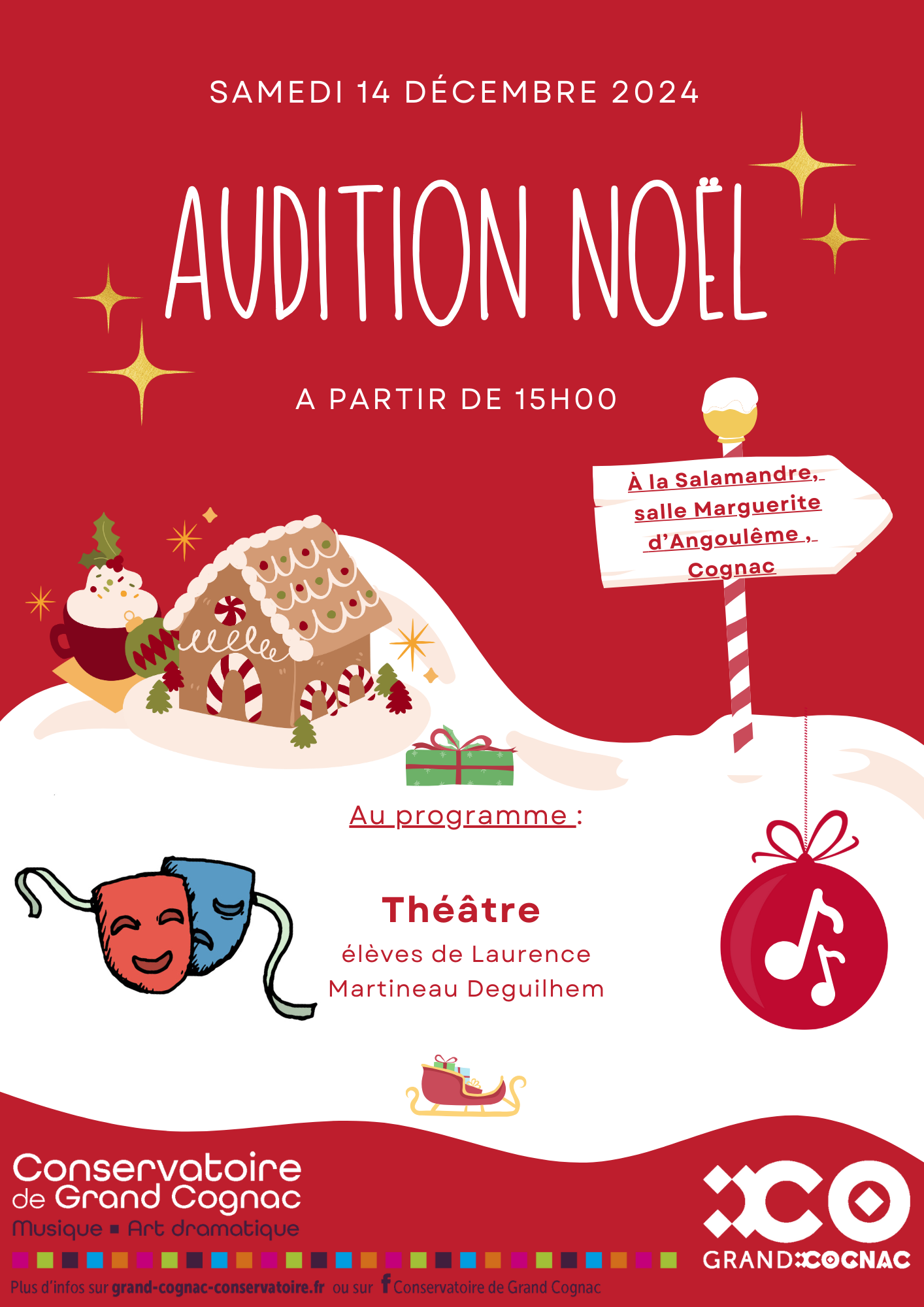 Affiche de l'audition de Noël de théâtre des élèves du Conservatoire de Grand Cognac, le 14 décembre 2024 à la Salamandre, salle Marguerite d'Angoulême à Cognac.