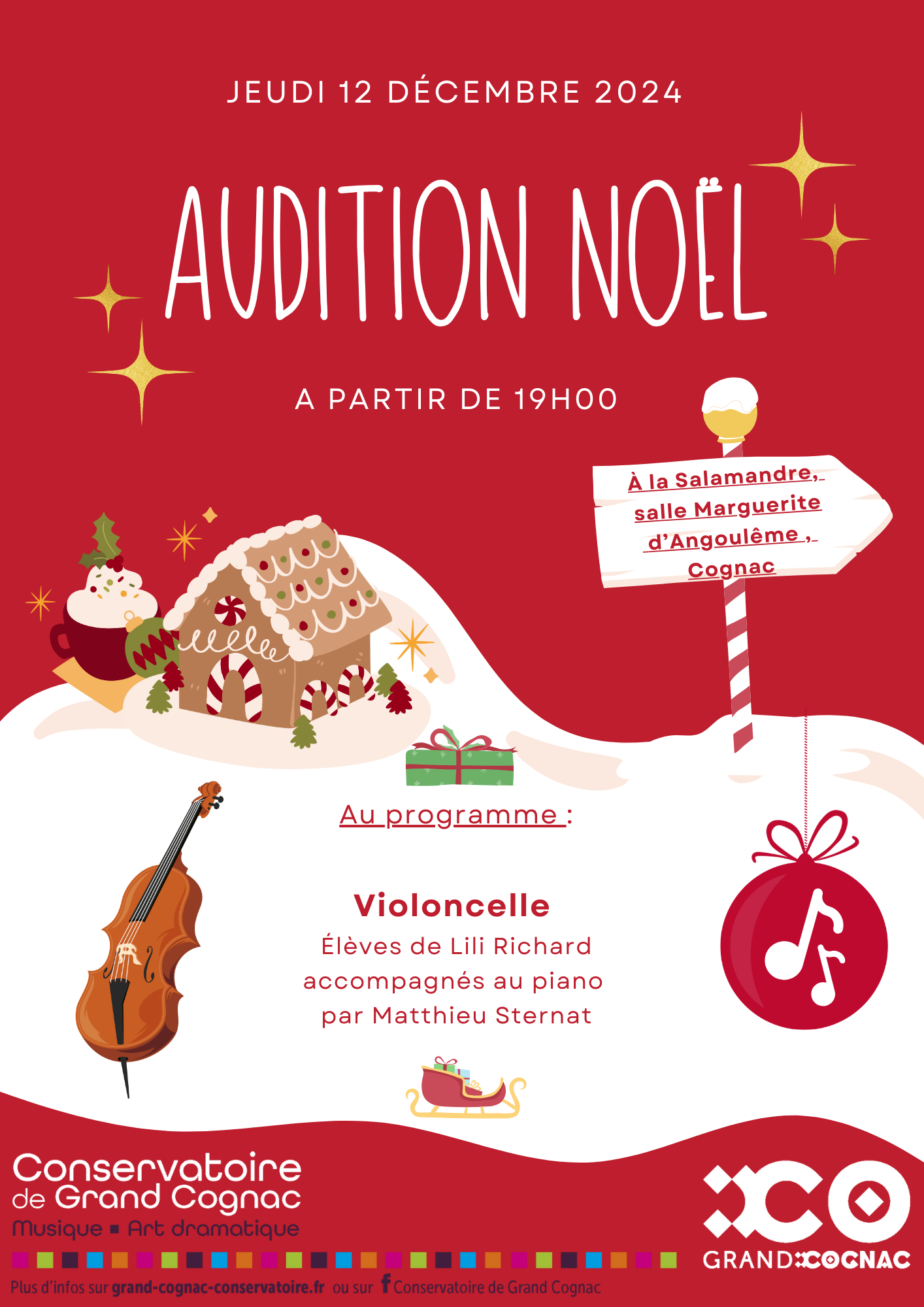 Affiche de l'audition de Noël de violoncelle du Conservatoire de Grand Cognac, le 12 décembre 2024 à 19h00 à la Salamandre, salle Marguerite d'Angoulême à Cognac.
