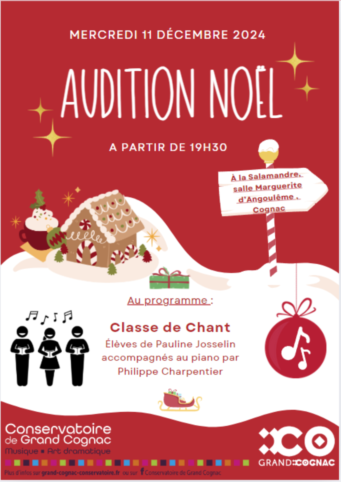 Affiche de l'audition de Noël de la classe de chant du Conservatoire de Grand Cognac, le 11 décembre 2024 à 19h30 à la Salamandre, salle Marguerite d'Angoulême à Cognac.
