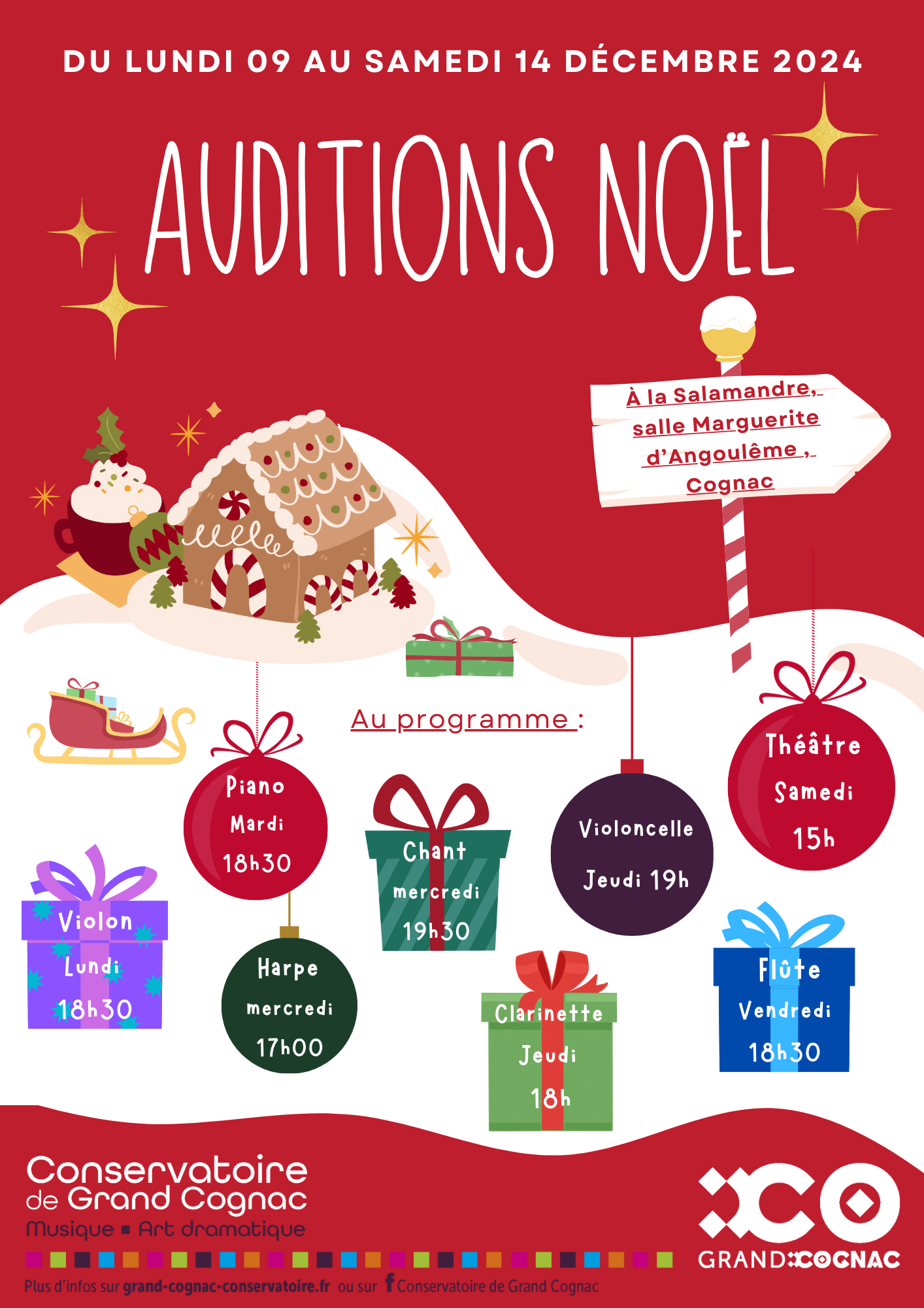 Affiche des Auditions de Noël du Conservatoire de Grand Cognac, du 9 au 14 décembre 2024 à la Salamandre, salle Marguerite d'Angoulême à Cognac.
