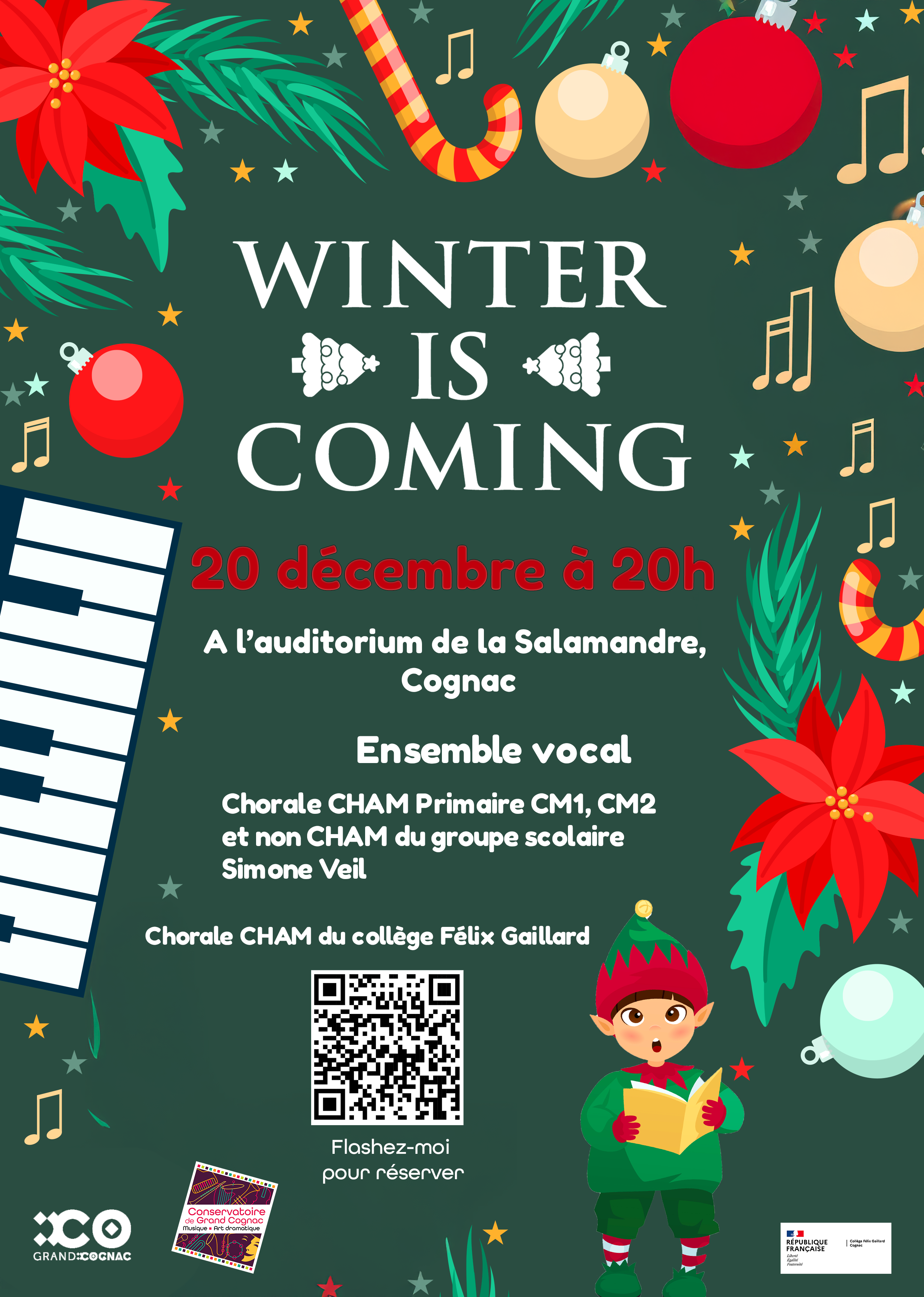 Affiche du concert Winter is Coming du Conservatoire de Grand Cognac, le 20 décembre 2024 à 20h à l’auditorium de la Salamandre, réunissant les chorales CHAM et non CHAM.