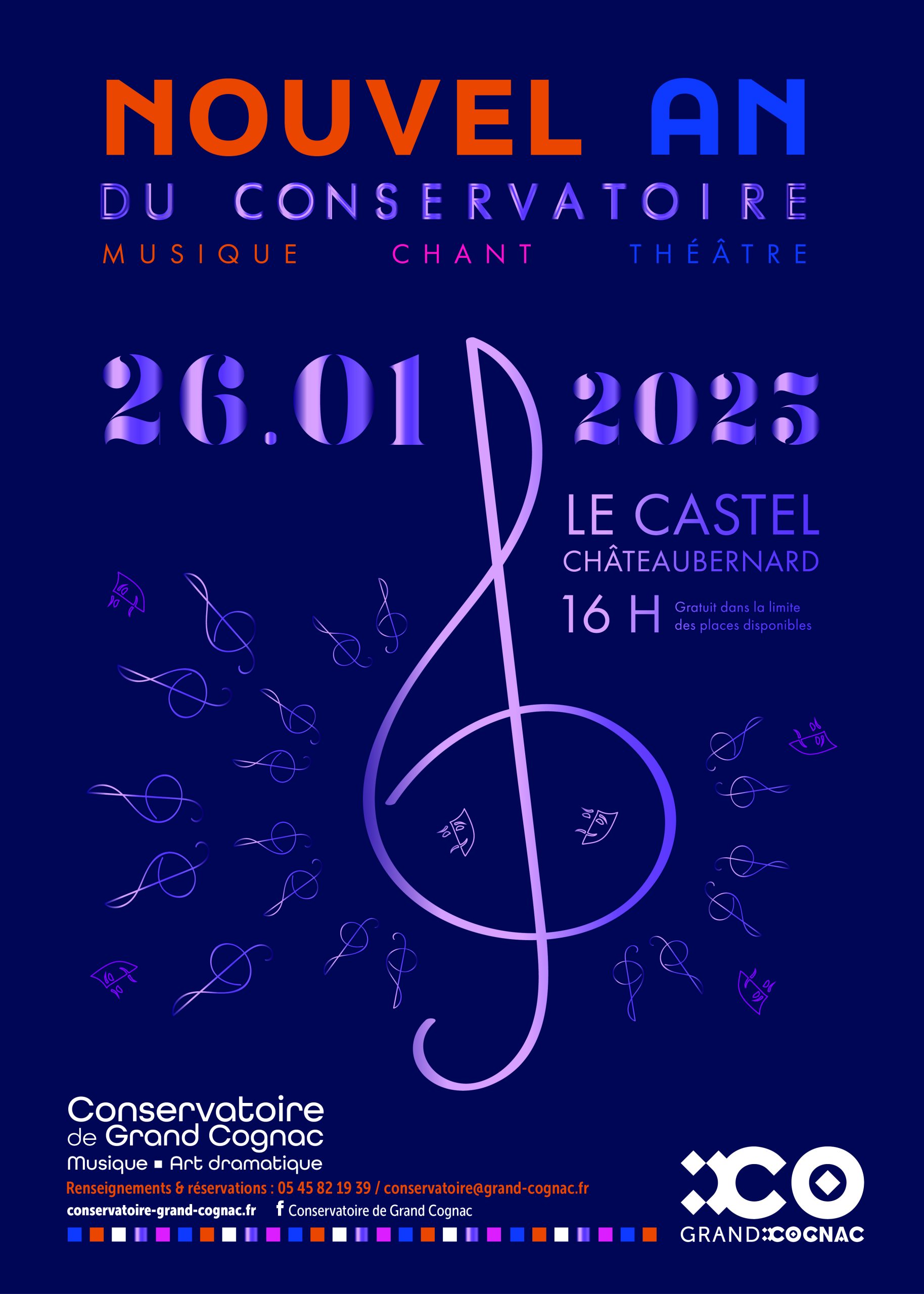 Affiche du Concert du Nouvel An du Conservatoire de Grand Cognac, le 26 janvier 2025 à Châteaubernard, mêlant musique, chant et théâtre.