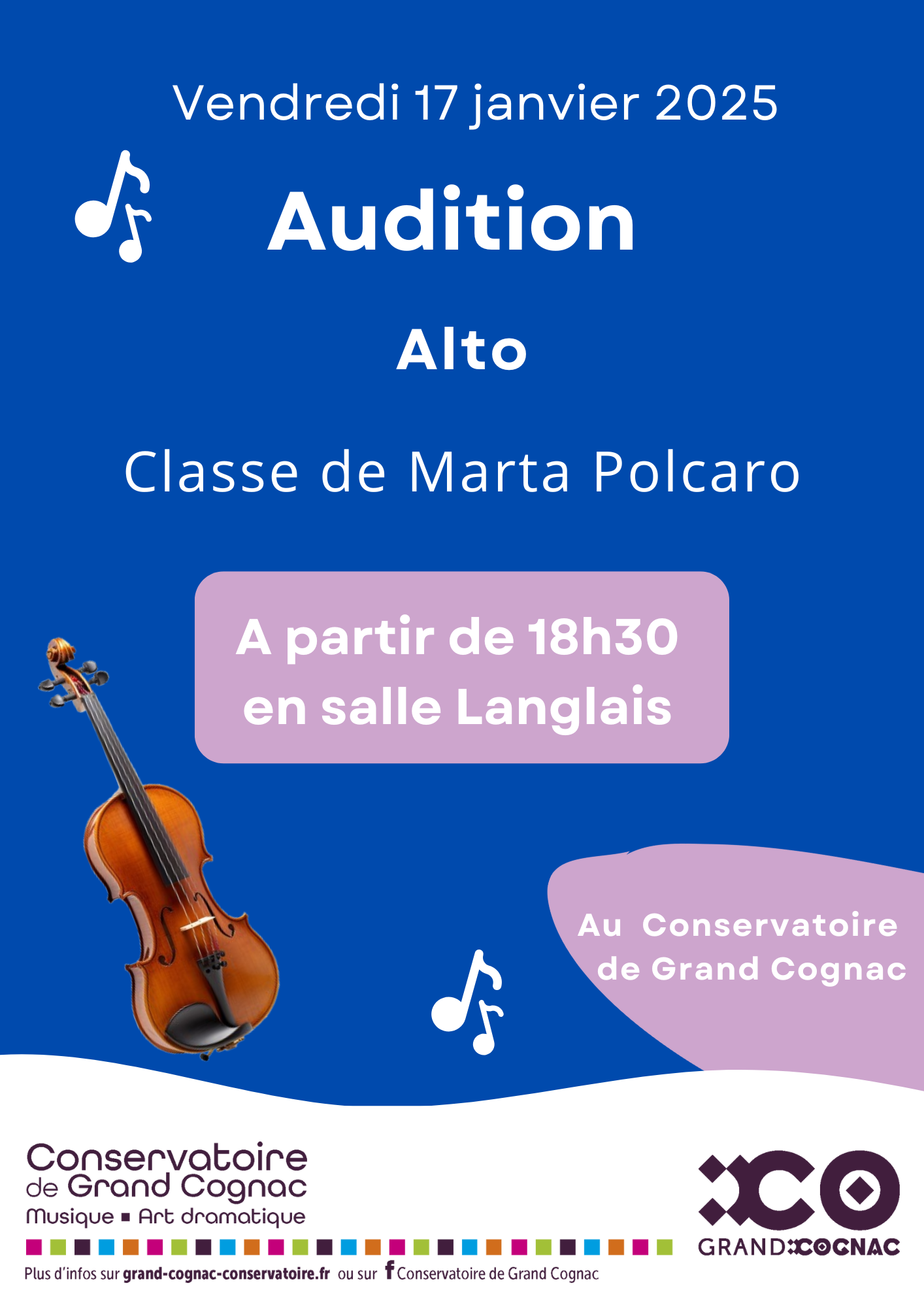 Affiche de l’audition d’alto de la classe de Marta Polcaro au Conservatoire de Grand Cognac, le 17 janvier 2025.