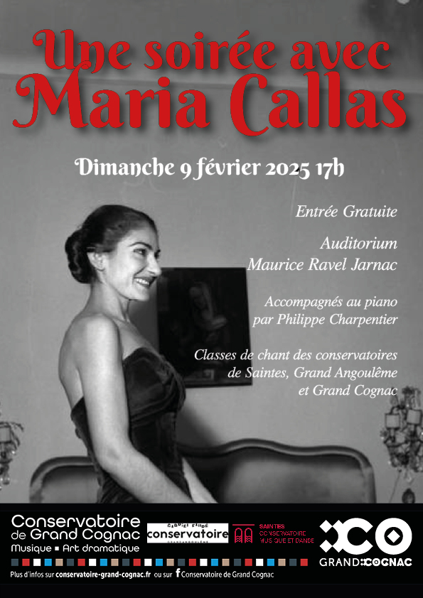 Affiche du concert "Une soirée avec Maria Callas" organisé par les classes de chant des conservatoires de Saintes, Grand Angoulême et Grand Cognac, le 9 février 2025 à Jarnac.