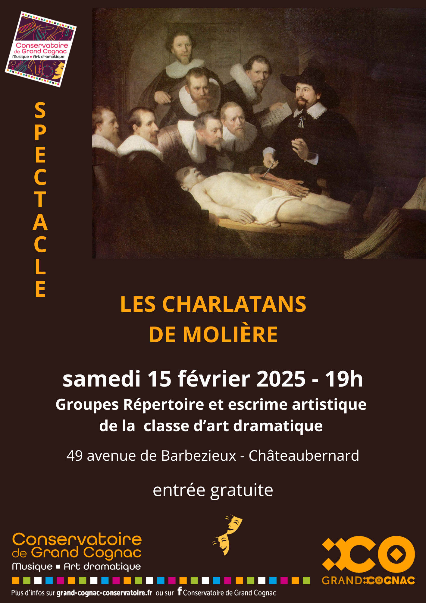 Affiche du spectacle Les Charlatans de Molière par les élèves du Conservatoire de Grand Cognac, classe d’art dramatique, le 15 février 2025 à Châteaubernard.