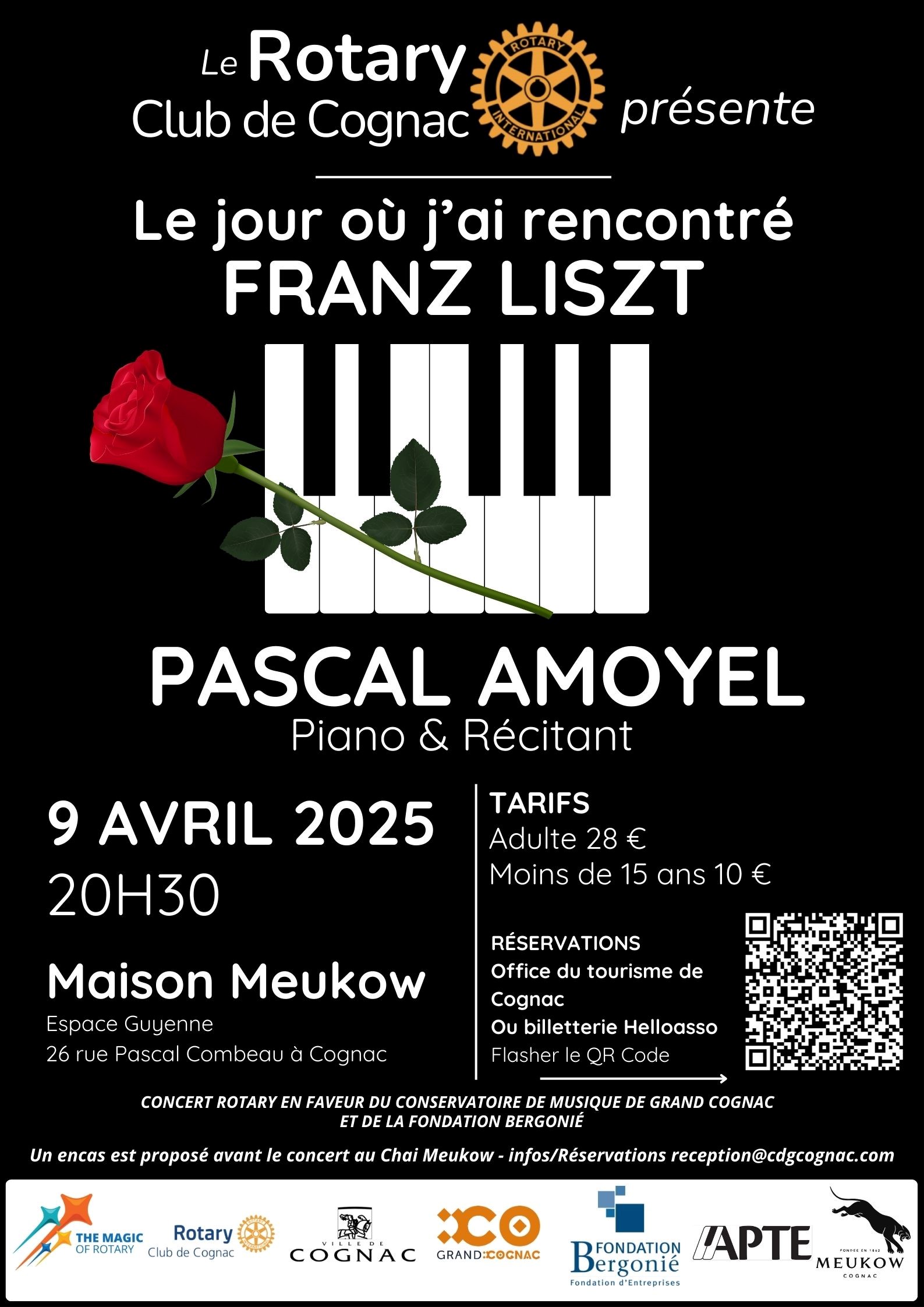Affiche du concert "Le jour où j’ai rencontré Franz Liszt" avec Pascal Amoyel, organisé par le Rotary Club de Cognac au profit du Conservatoire de Grand Cognac.