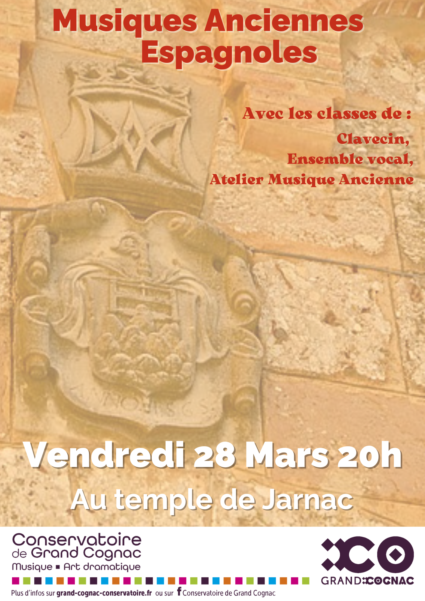 Affiche du concert Musiques Anciennes Espagnoles avec les élèves du Conservatoire de Grand Cognac, le 28 mars 2025 au temple de Jarnac.