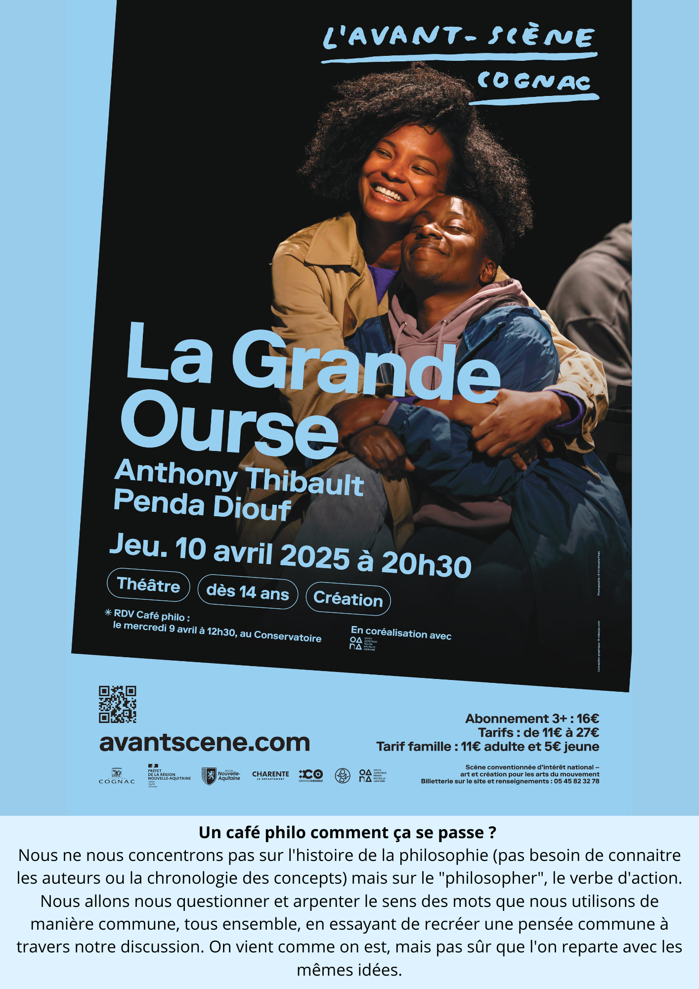 Affiche du spectacle "La Grande Ourse" à L'Avant-Scène Cognac, avec Anthony Thibault et Penda Diouf, le 10 avril 2025.