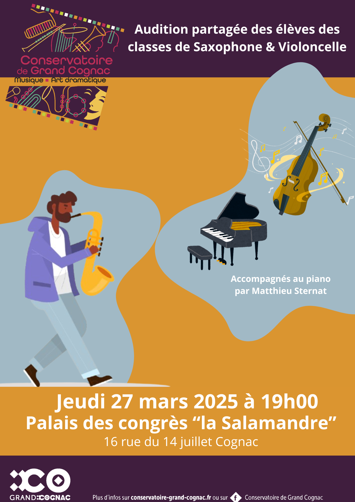 Affiche de l'audition partagée des classes de saxophone et de violoncelle du Conservatoire de Grand Cognac, le 27 mars 2025 à Cognac.