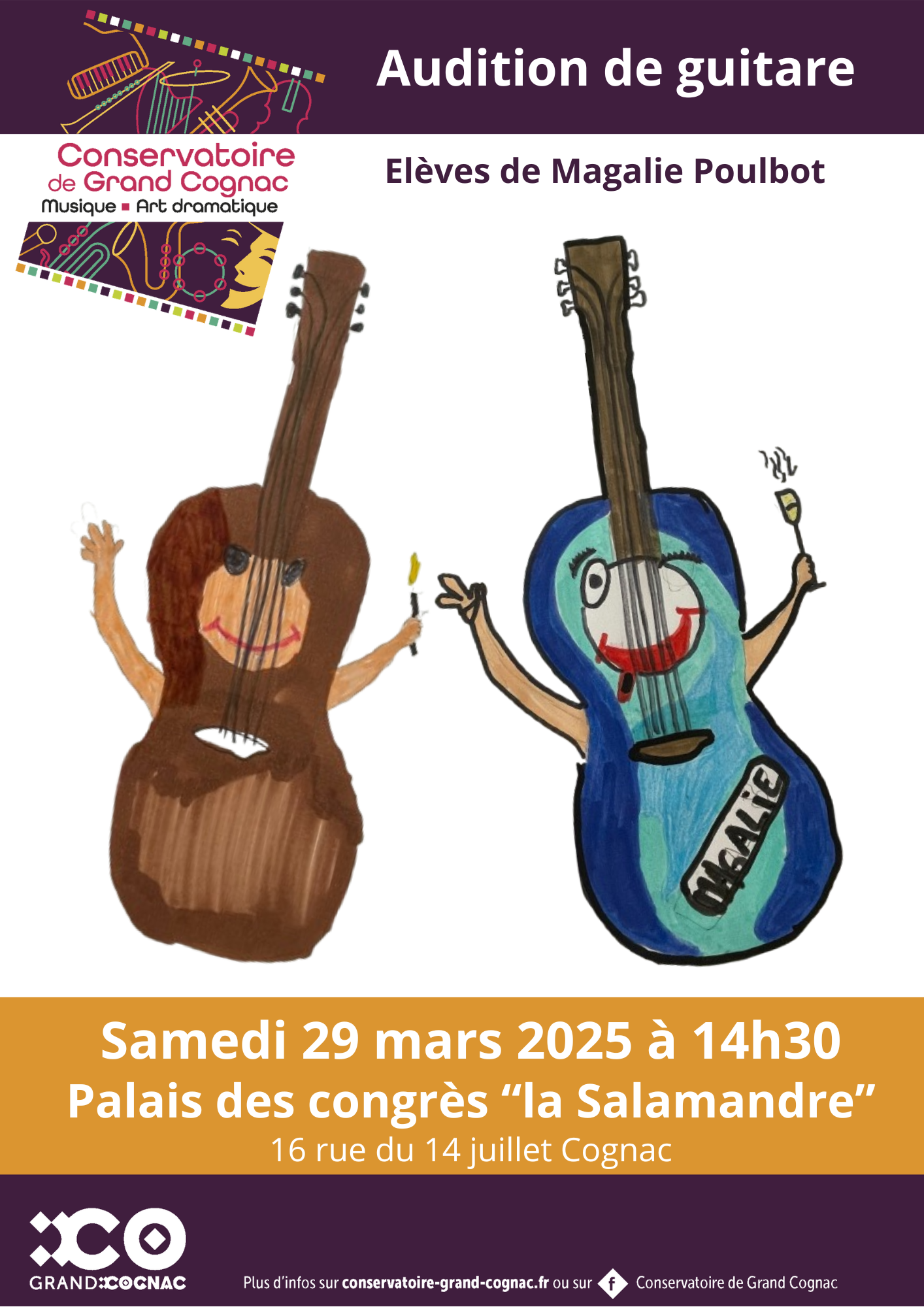 Affiche de l’audition de guitare des élèves de Magalie Poulbot du Conservatoire de Grand Cognac, le 29 mars 2025 au Palais des Congrès de Cognac.