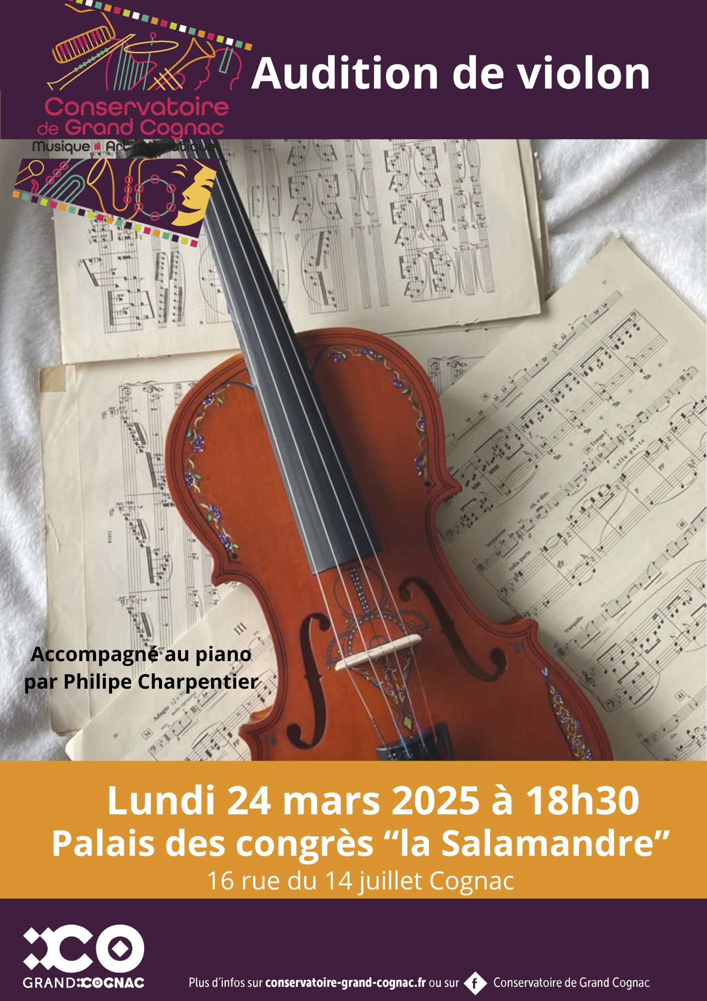 Affiche de l’audition de violon des élèves du Conservatoire de Grand Cognac, le 24 mars 2025 au Palais des Congrès de Cognac, accompagnés par Philippe Charpentier.