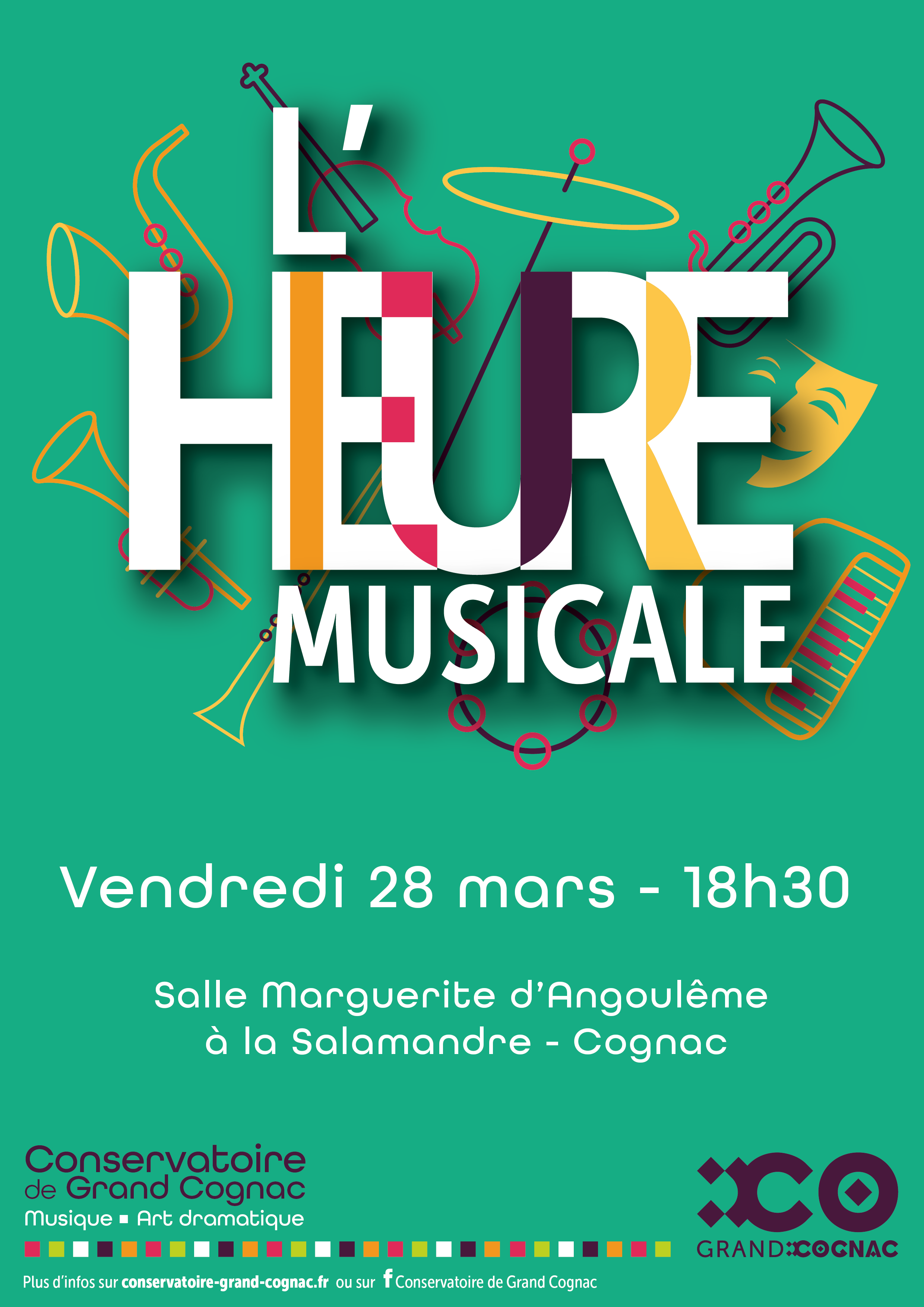 Affiche de L’Heure Musicale du Conservatoire de Grand Cognac, le 28 mars 2025 à la salle Marguerite d’Angoulême de Cognac.