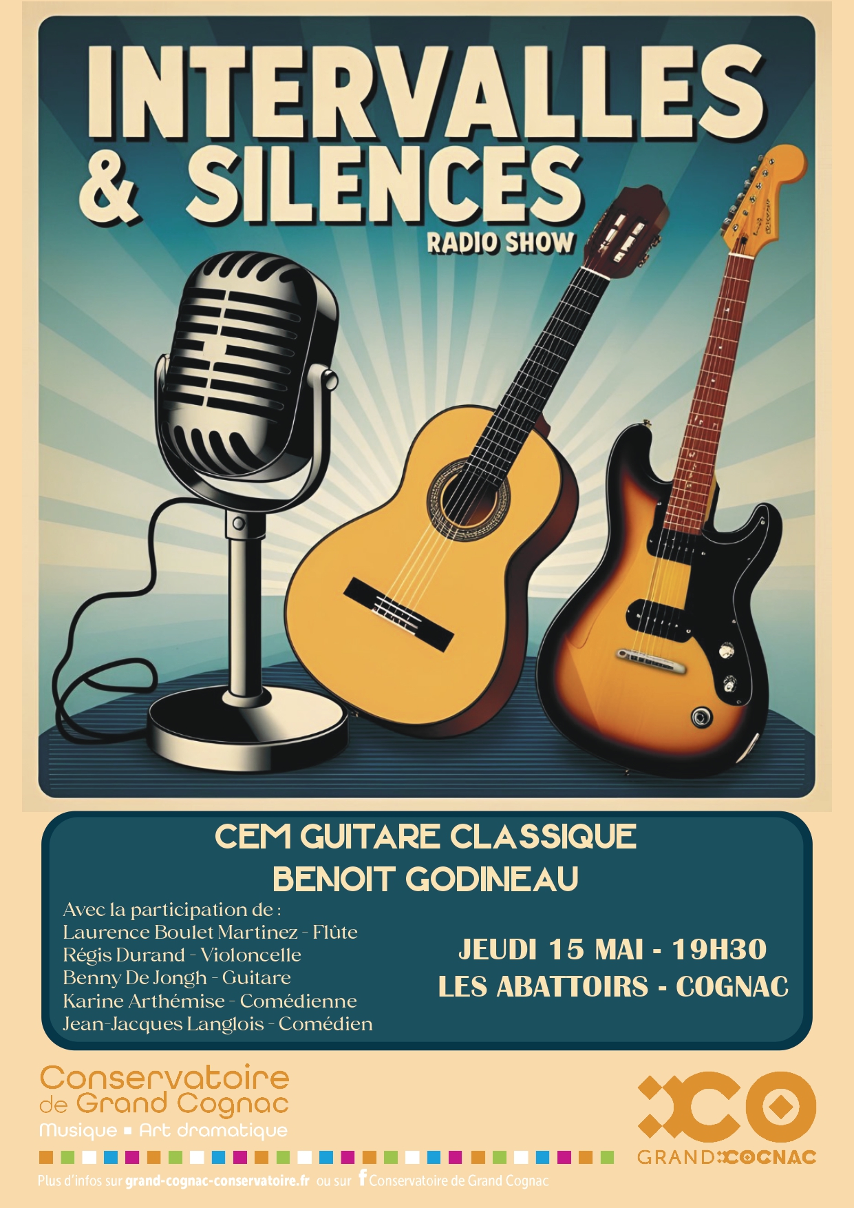 affiche du concert cem avec guitare classique flûte violoncelle comédiens aux abattoirs de cognac le 15 mai 2025