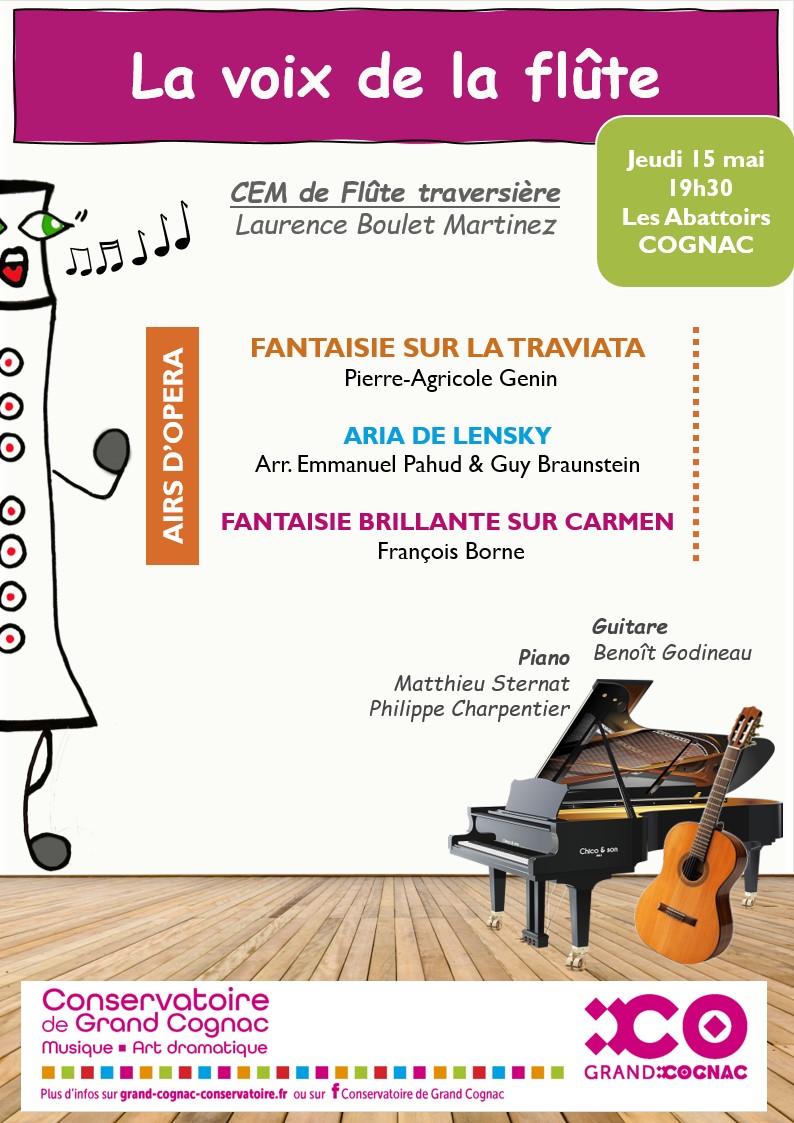affiche du concert la voix de la flûte avec élèves du conservatoire et accompagnement piano guitare le 15 mai 2025 aux abattoirs de cognac