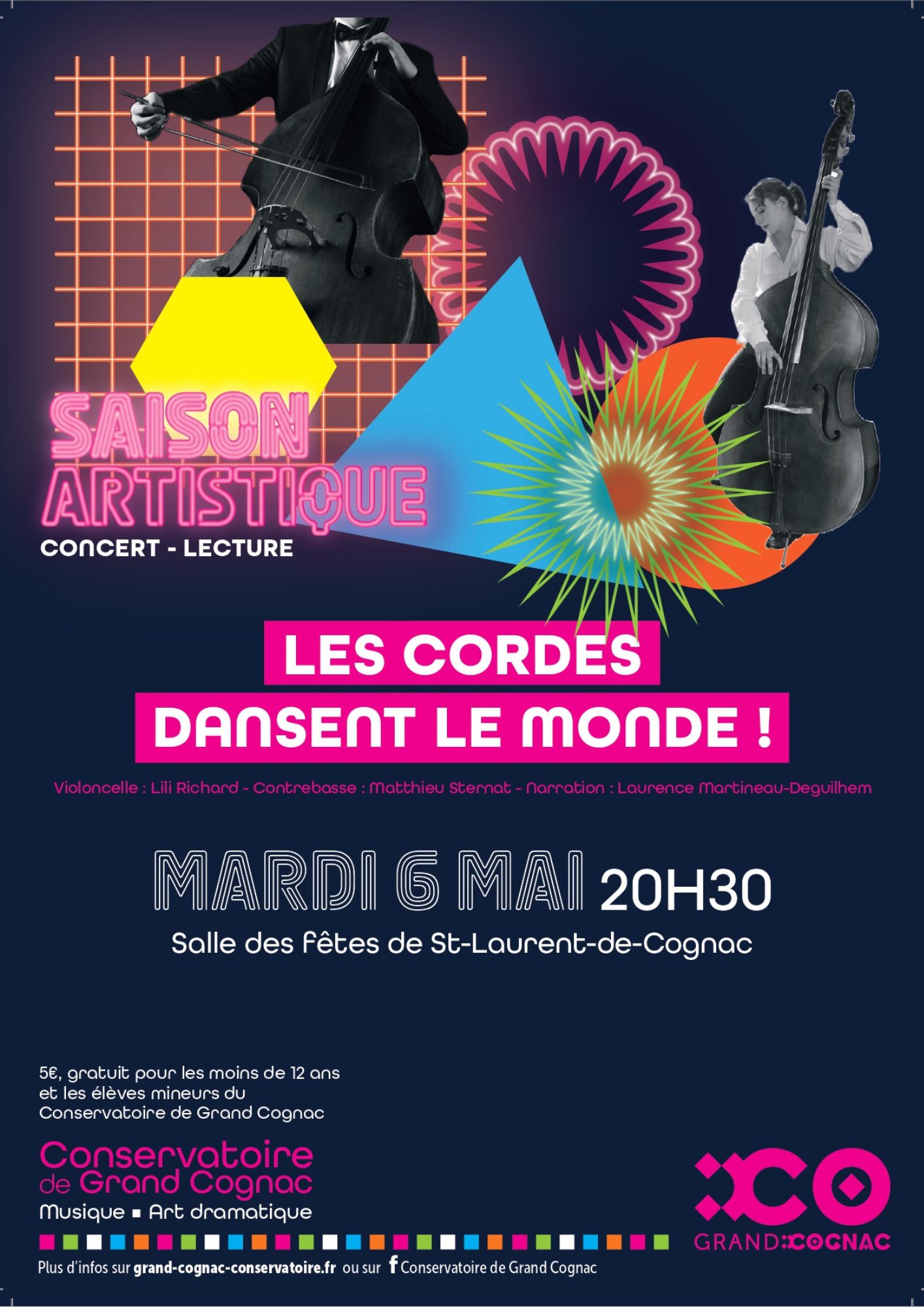 Une affiche artistique présentant les détails du concert-lecture "Les Cordes Dansent Le Monde", avec une photo de violoncelle et contrebasse en arrière-plan, accompagnée du titre, des noms des artistes, de la date, de l'heure et du lieu.