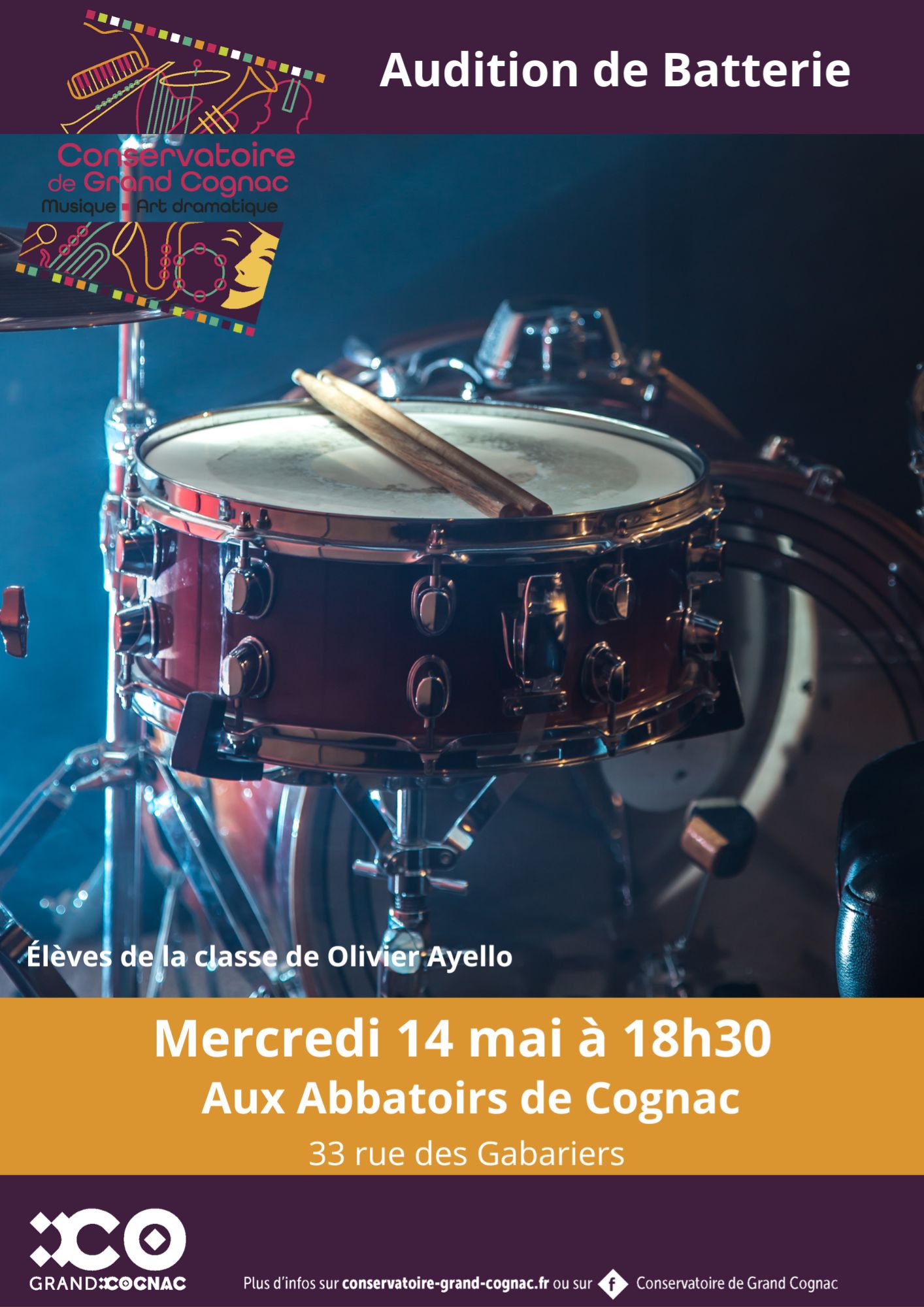 Affiche audition de batterie mercredi 14 mai 18h30 aux abattoirs de cognac
