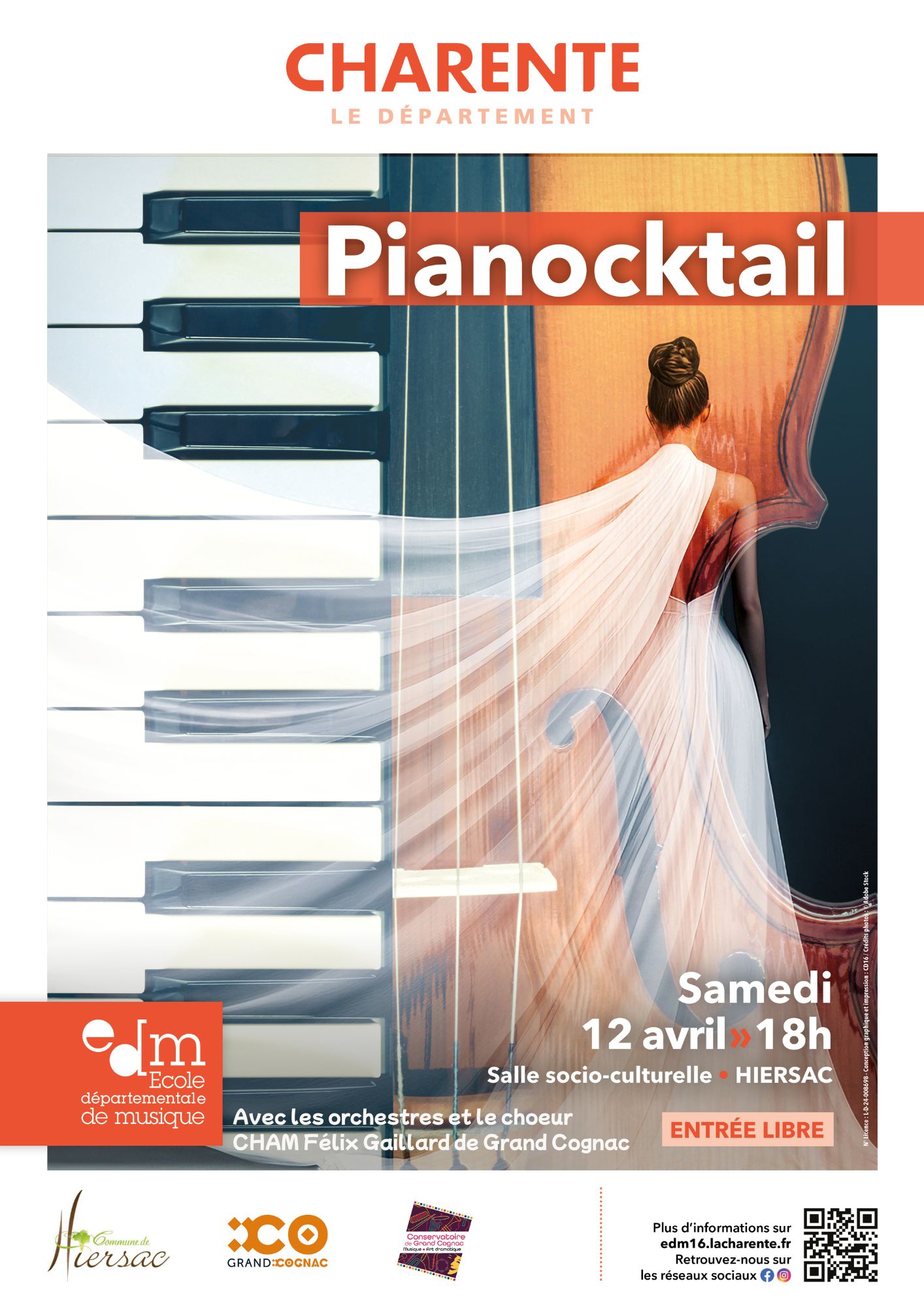 Affiche du concert Pianocktail à Hiersac organisé par le Conservatoire de Grand Cognac et l’EDM, mélange piano et orchestre symphonique.