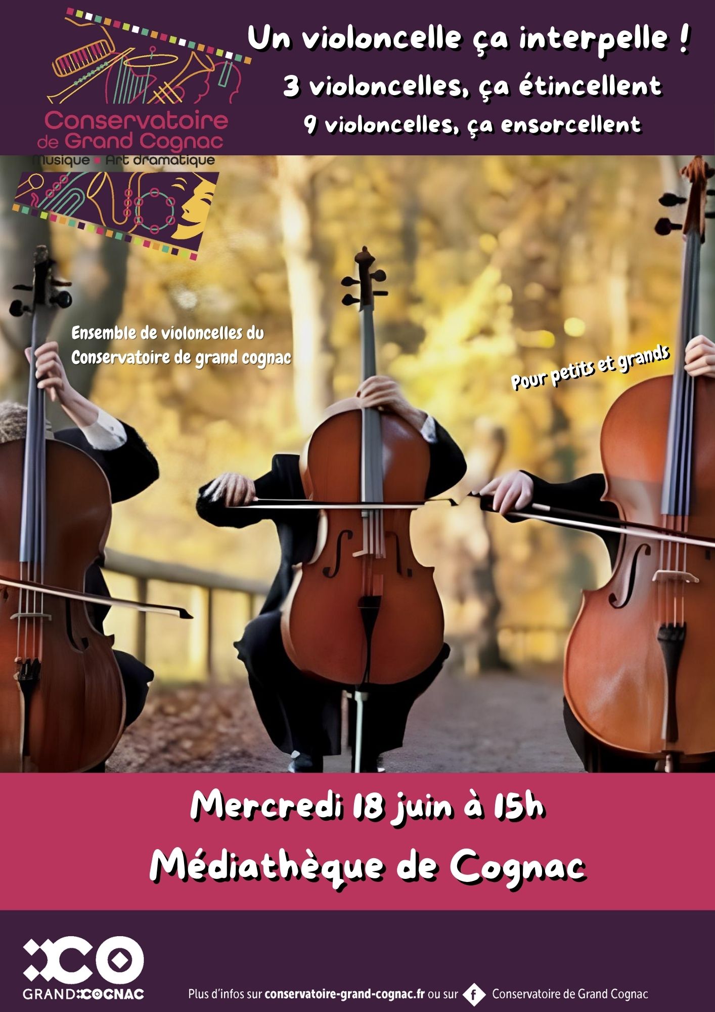 Affiche de l’audition de violoncelle du Conservatoire de Grand Cognac, mercredi 18 juin 2025 à 15h à la Médiathèque de Cognac.