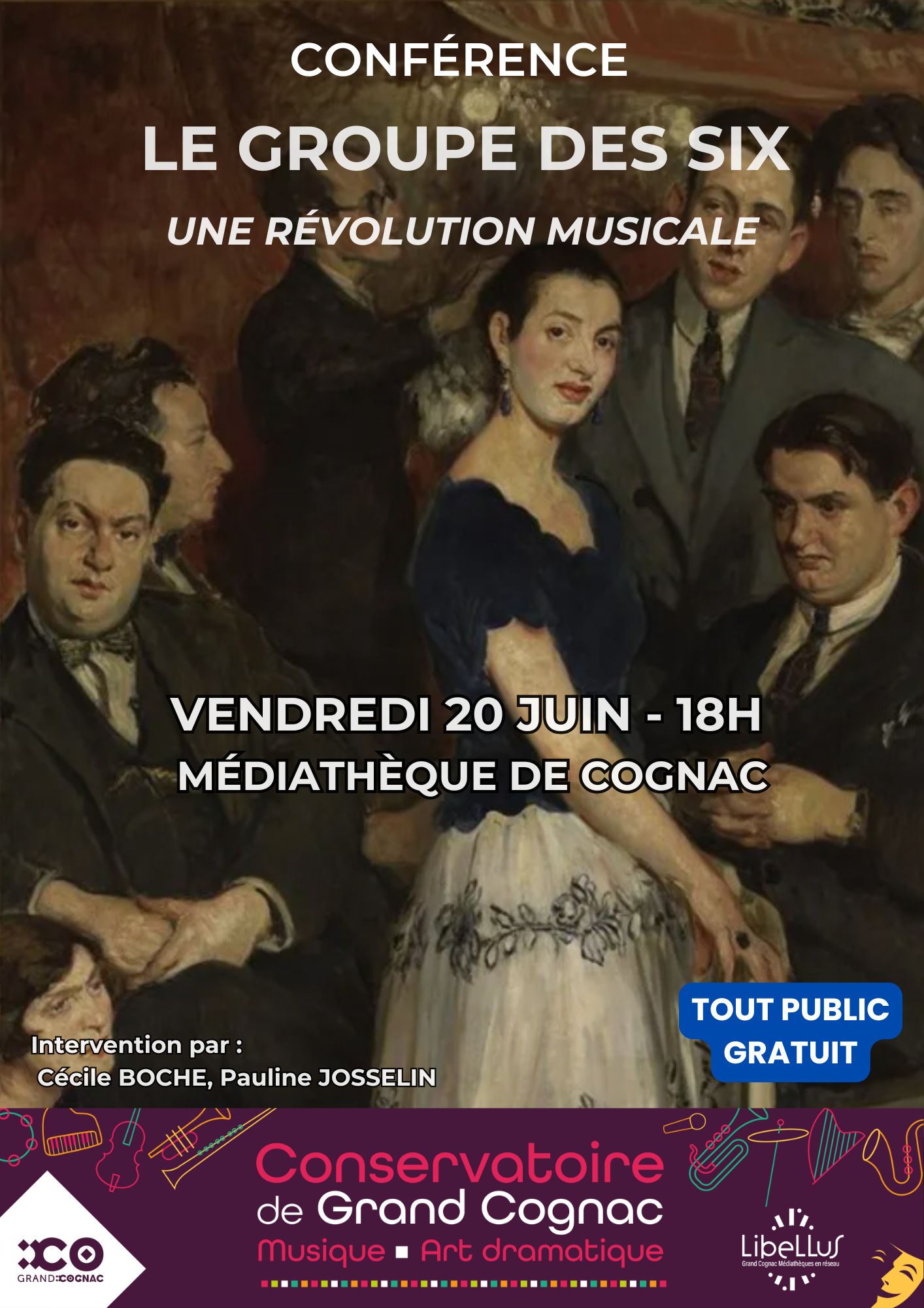 affiche conférence musicale le groupe des six vendredi 20 juin 2025 à la médiathèque de cognac organisée par le conservatoire de grand cognac