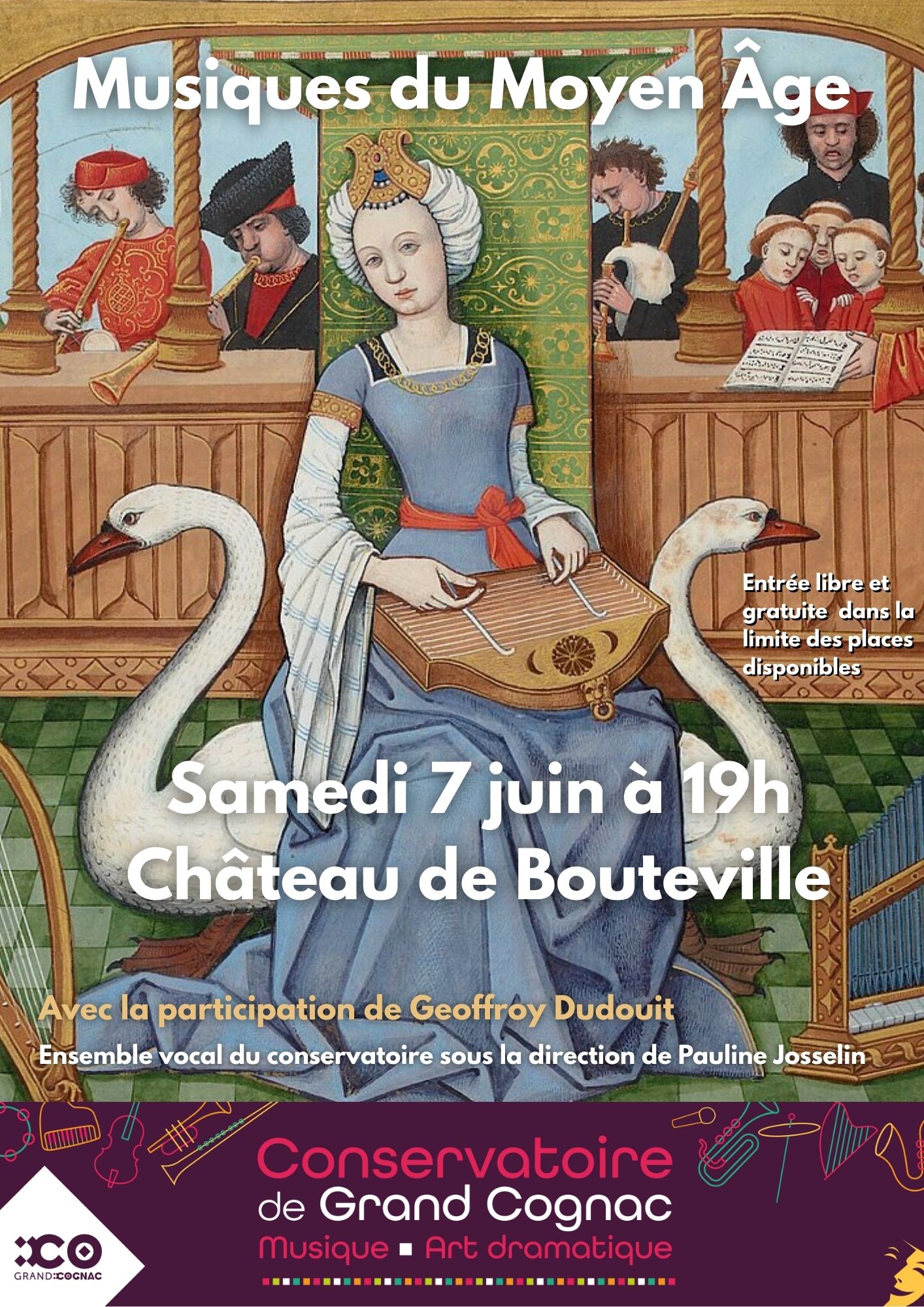 Affiche du concert Musiques du Moyen Âge avec une scène médiévale, instruments anciens et musiciens en costumes d’époque