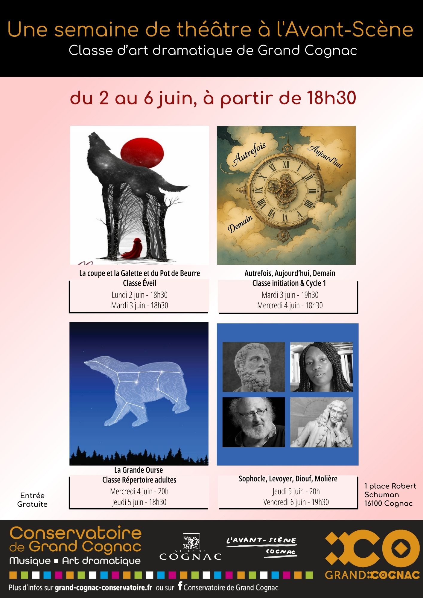 Affiche annonçant la semaine de théâtre du 2 au 6 juin 2025 organisée par le Conservatoire de Grand Cognac à l’Avant-Scène, avec programme complet et horaires.