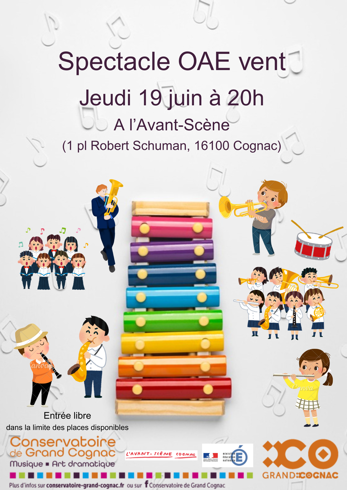 Affiche du spectacle OAE vent du Conservatoire de Grand Cognac le 19 juin 2025 à l'Avant-Scène avec illustrations musicales et enfants musiciens