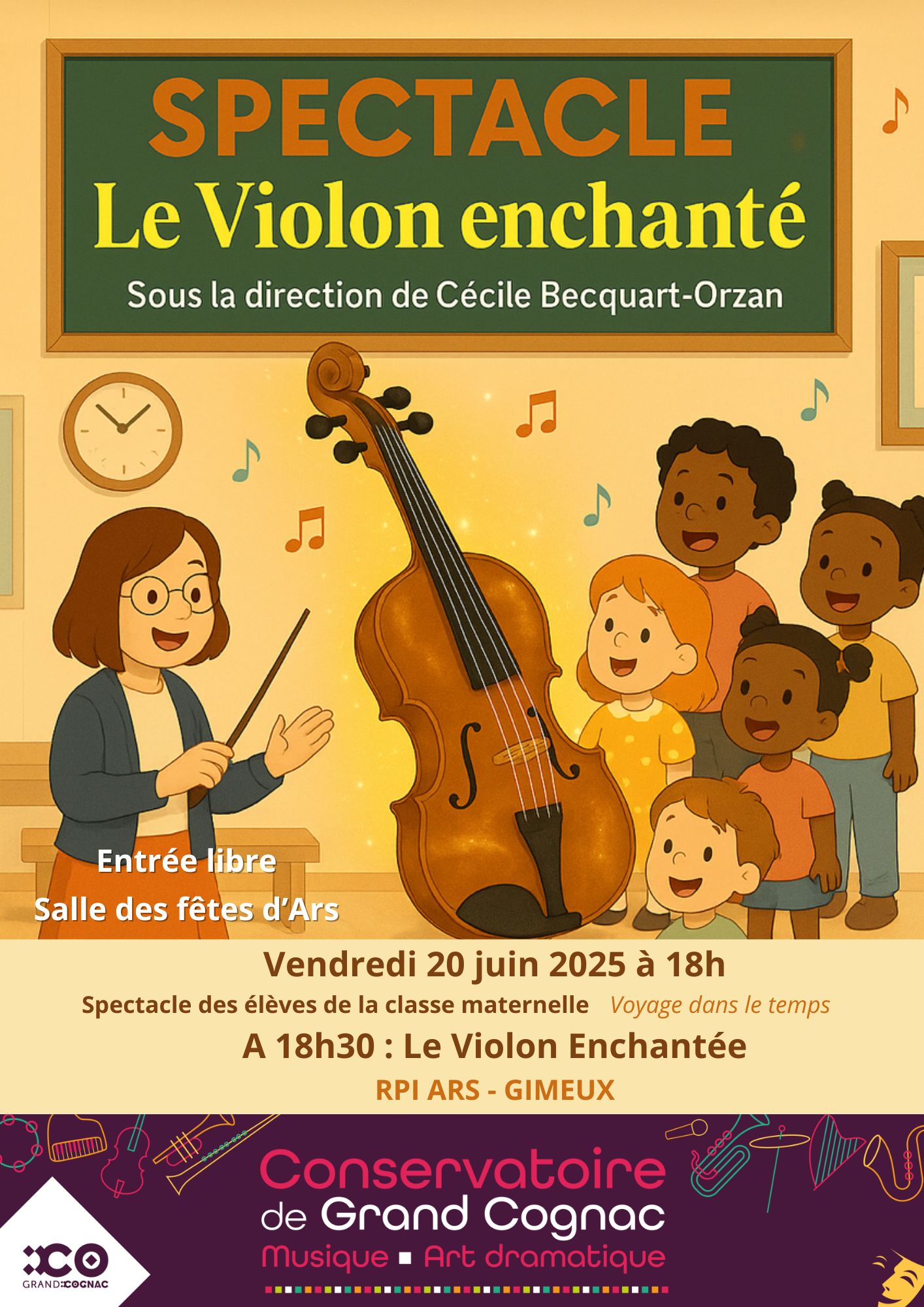 Affiche colorée du spectacle "Le Violon Enchanté" présenté par des élèves de maternelle du RPI Ars-Gimeux, sous la direction de Cécile Becquart-Orzan, avec un violon au centre entouré d’enfants souriants.