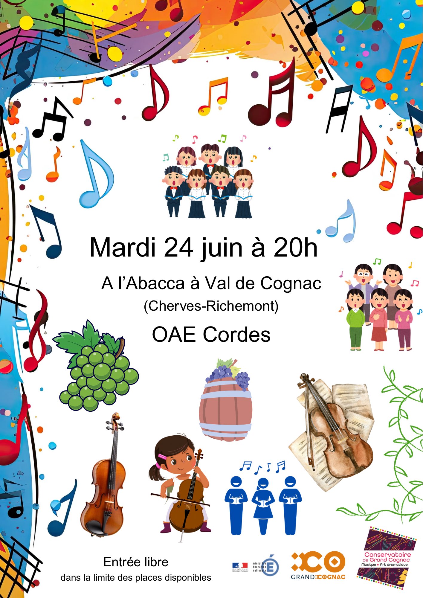 Affiche du concert gratuit de l’ensemble à cordes de l’OAE le 24 juin à 20h à l’Abacca, Val de Cognac (Cherves-Richemont). Entrée libre.
