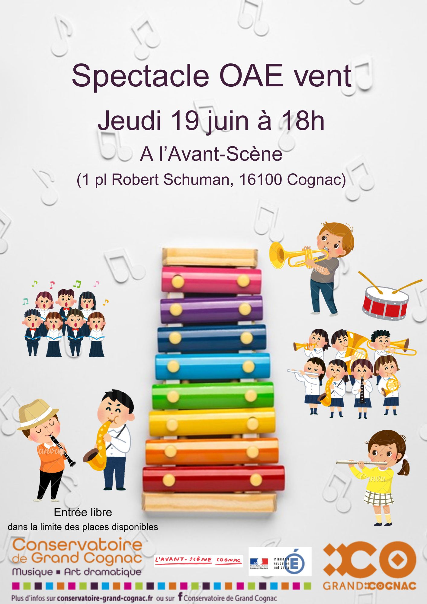 Affiche du spectacle OAE vent du Conservatoire de Grand Cognac le 19 juin 2025 à l'Avant-Scène avec illustrations musicales et enfants musiciens