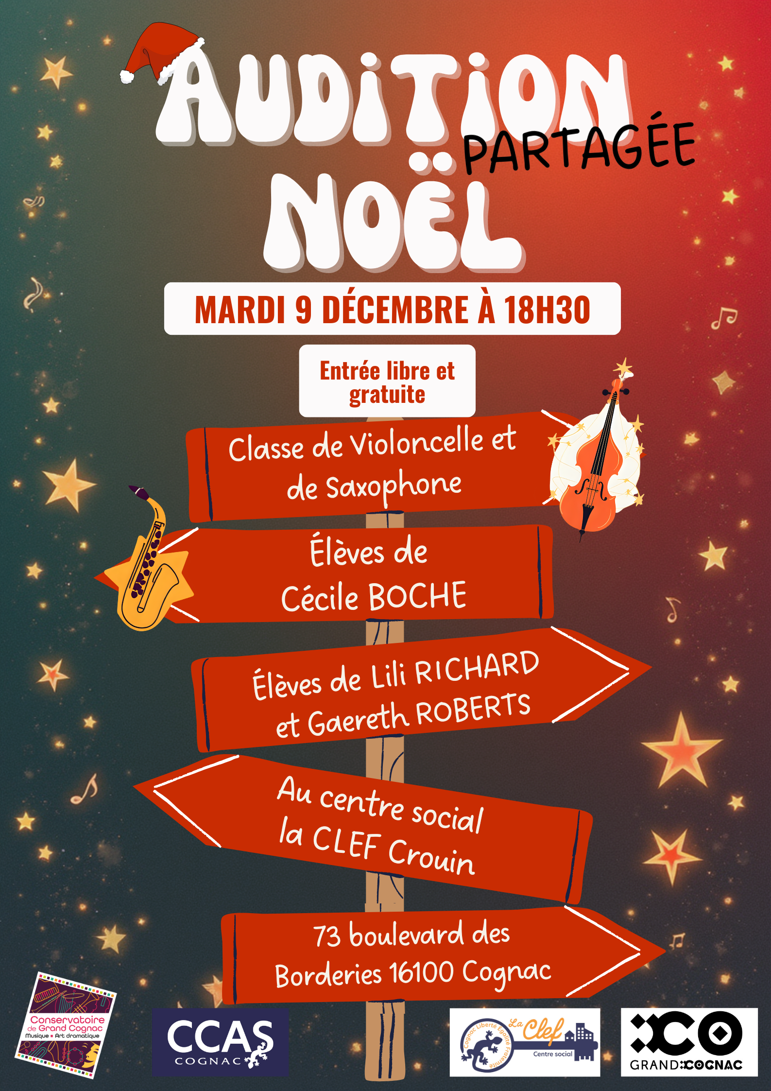 Audition de Noël : Violoncelle et Saxophone - Élèves de Cécile Boche, Lili Richard et Gaereth Roberts - 9 décembre 2025 - Centre social, la Clef Crouin