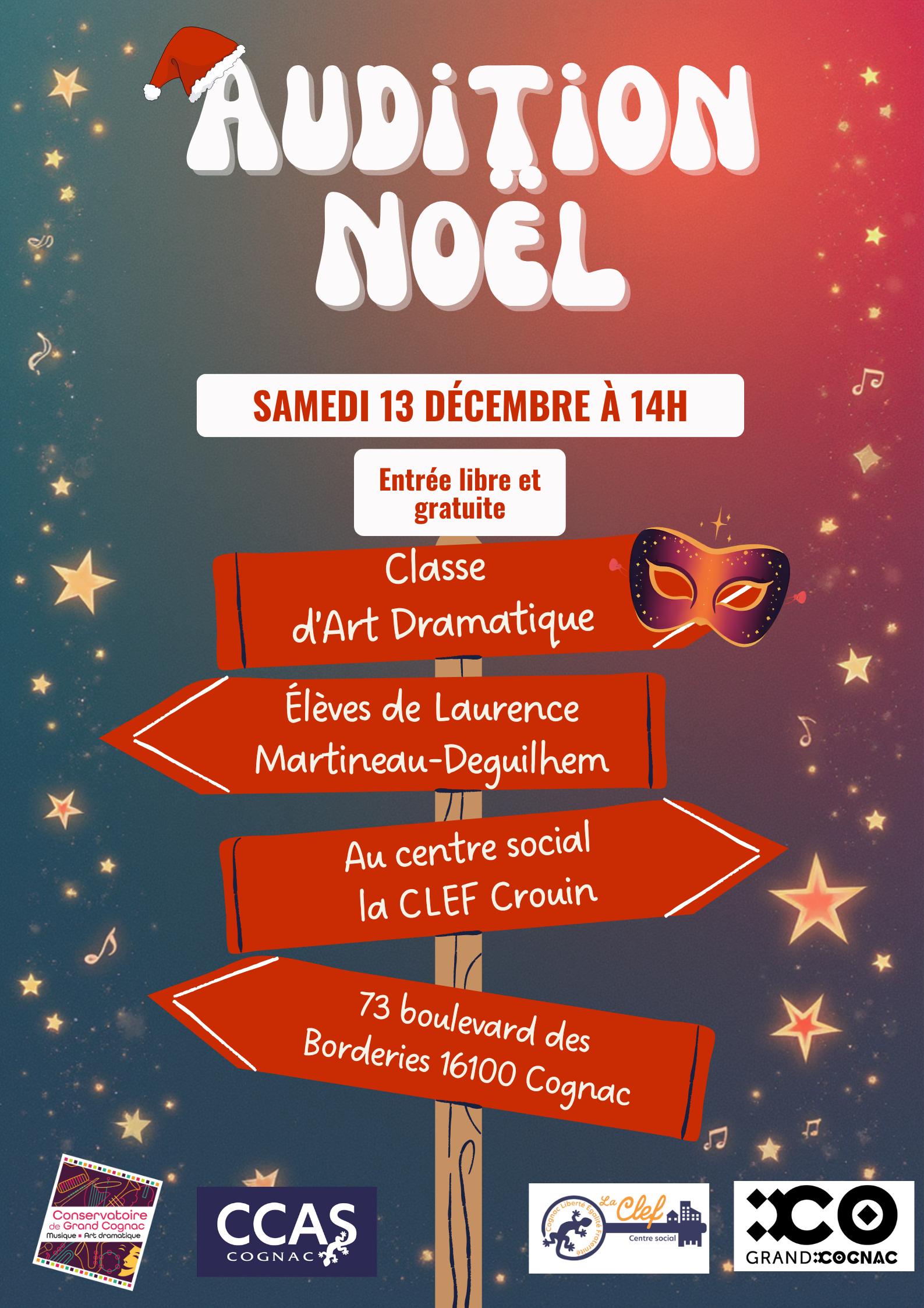 Le 13 décembre à 14h, retrouvez les élèves d'art dramatique de Laurence Martineau-Deguilhem du Conservatoire pour une audition de Noël gratuite et ouverte à tous.
